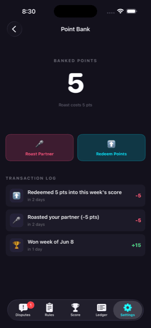 Point Bank with banked points and redeem options