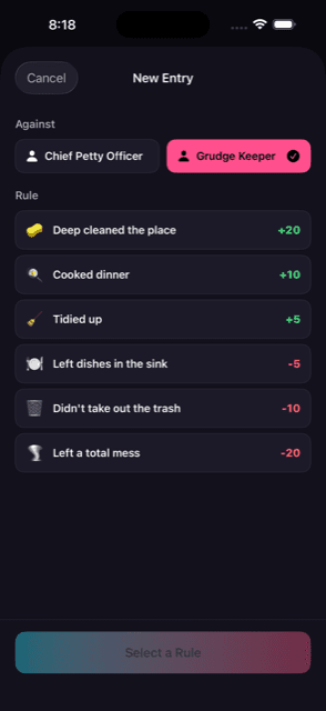 Quick Log screen: pick the rule, file the crime